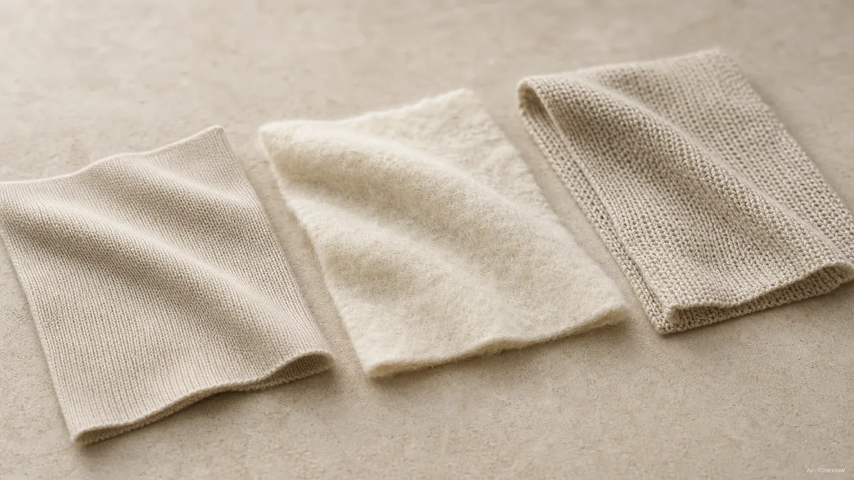 Image: three knit swatches arranged on a warm neutral background in soft light, a fine smooth merino, a soft brushed cashmere, and a heavier matte cotton, each labeled only by texture, showing how the fibers differ in surface and density (AI generated illustration)
