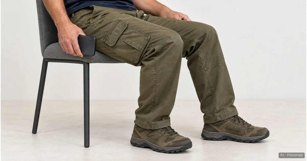 Side view of a seated person in cargo pants holding a phone beside the outer thigh pocket, with the bent knee visible. — Illustration IA