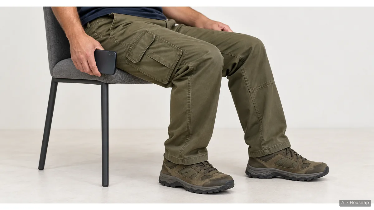 Side view of a seated person in cargo pants holding a phone beside the outer thigh pocket, with the bent knee visible. — Illustration IA