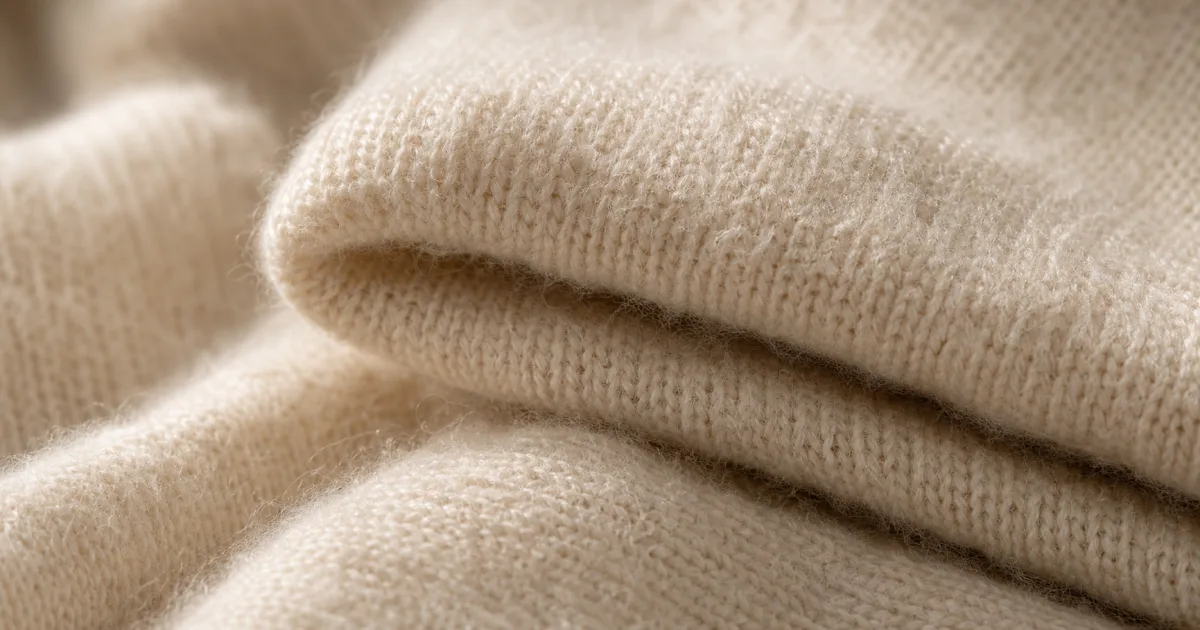 A close-up of a folded cream cashmere sweater on a matte oak desk in soft natural daylight, showing the soft surface fuzz, the close knit, and the slight natural sheen of the fiber (AI generated illustration)