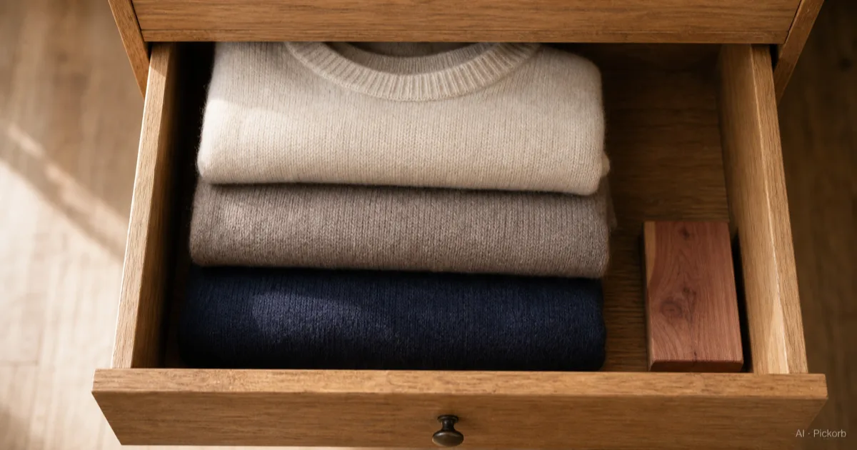 Three folded cashmere sweaters stacked neatly inside an open wooden drawer, with a small cedar block resting beside them, in soft natural daylight (AI generated illustration)