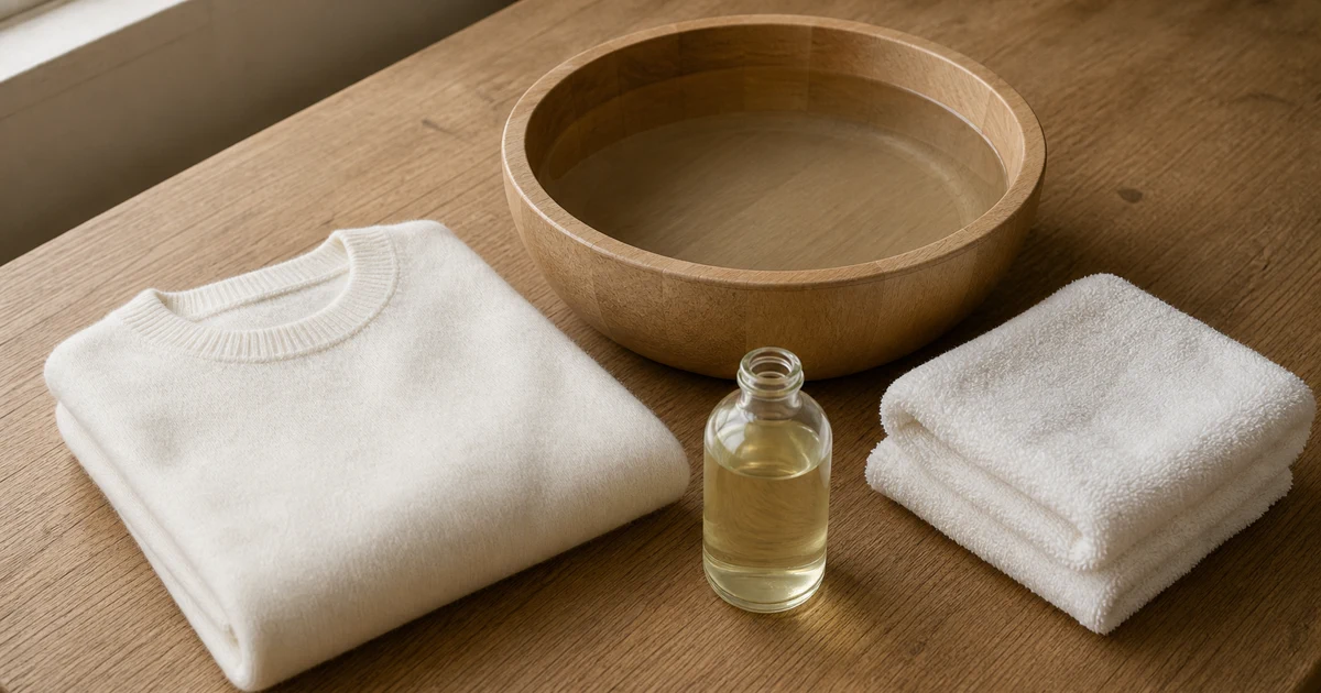 A folded white knit laid flat next to a wooden basin of cool water and a small bottle of clear cashmere wash, in soft natural daylight on a matte oak desk (AI generated illustration)