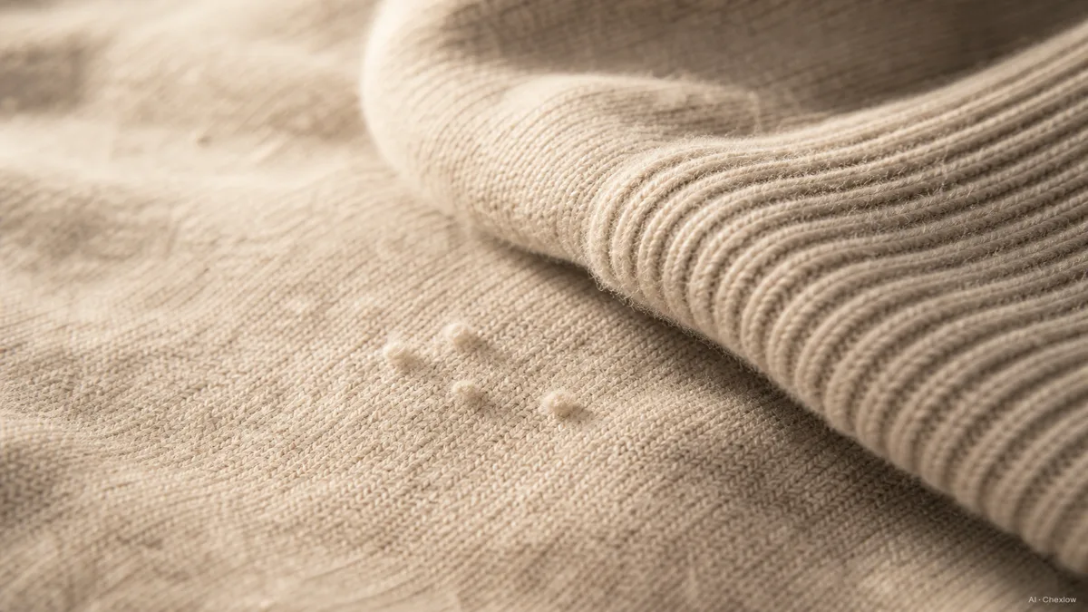 A macro shot of a cashmere knit surface under warm side-lighting, showing a few small natural pills forming near a folded cuff, texture visible in soft focus (AI generated illustration)