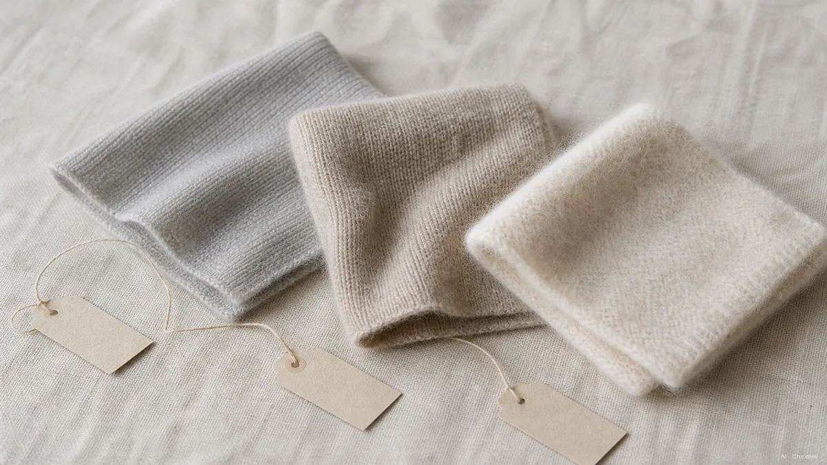 A flat lay of three cashmere swatches of different thickness on a light linen surface, labeled loosely by weight, soft daylight, no branding visible (AI generated illustration)