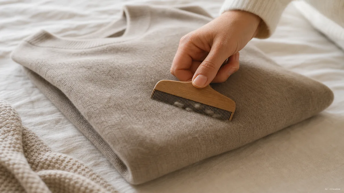 A hand using a small wooden cashmere comb on a folded sweater laid flat on a bed, gentle raking motion, soft warm indoor light, comb visible with a few pills caught in the teeth (AI generated illustration)