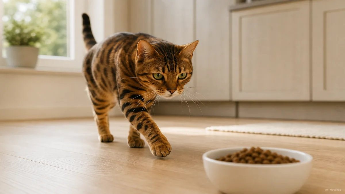 Image: a sleek house cat mid-stride toward a clean white bowl of meat-forward kibble, soft morning kitchen light, a simple visual sense of a carnivore being fed what it is built for — AI illustration