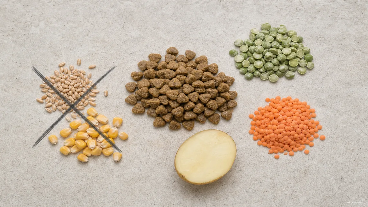 Image: a flat lay of grain-free kibble beside small piles of dried peas, lentils, and a cut potato, with the grains wheat and corn crossed out to the side, clean and explanatory — AI illustration