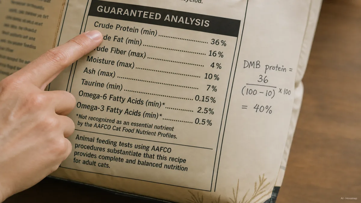 Image: a close crop of a cat food bag's guaranteed analysis and AAFCO statement, a hand pointing at the protein line, with a tidy little dry matter conversion sketched in the margin — AI illustration