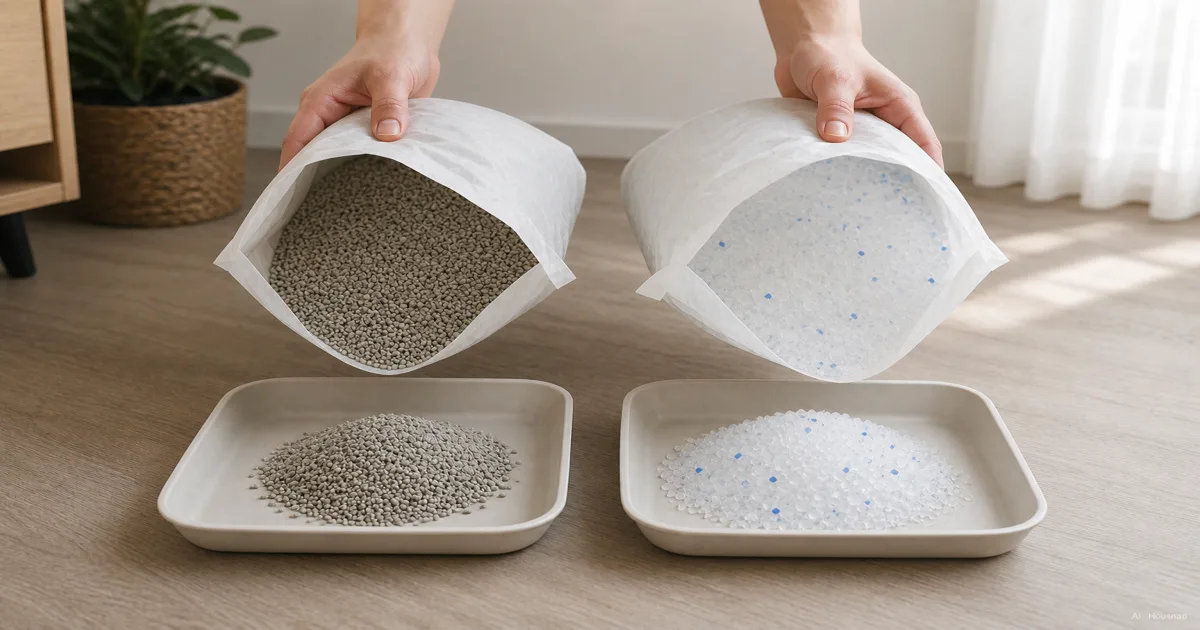 Clumping vs Crystal Cat Litter, Which One Should Your First Box Be — KI-Illustration