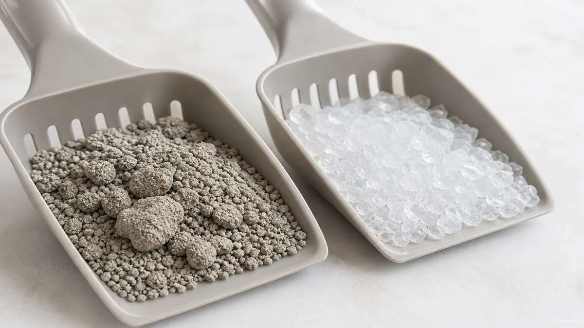 Image: side-by-side close-up comparison of gray clumping clay litter and clear silica crystal litter in two separate scoops, clean bright background, simple labeled product photography — KI-Illustration