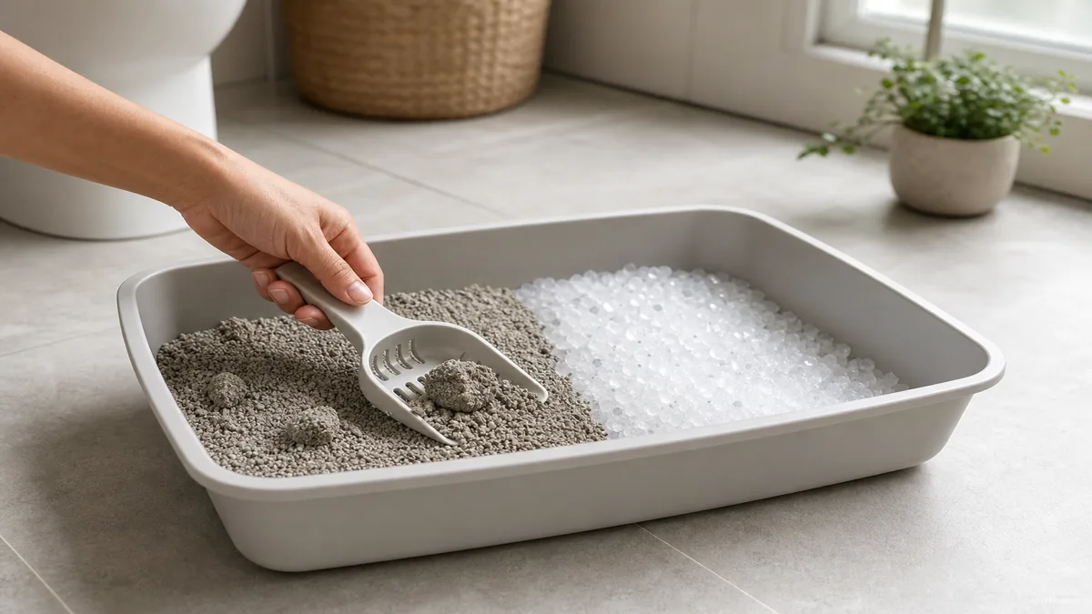 Image: a person's hand scooping a litter box with a small scoop, one side of the box showing gray clumped clay and the other clear crystal granules, tidy home bathroom setting, natural light — KI-Illustration