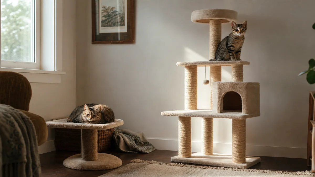Image: a split scene showing a small, low cat tree in a cozy sunlit corner with a senior cat curled on a low platform, next to a tall multi-level cat tree with a young cat perched near the top, warm natural light, no visible brand logos — AI illustration