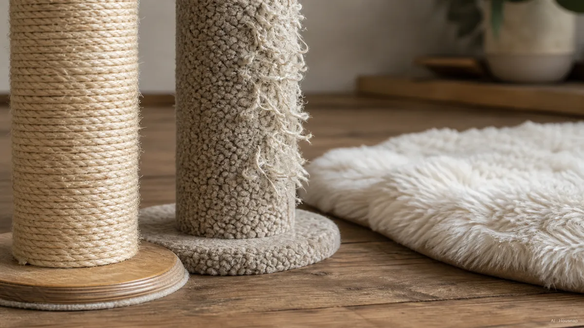 Image: a close-up comparison on a wooden surface, a sisal-wrapped post next to a worn carpet-wrapped post with frayed loops, and a soft faux-fur napping pad nearby, soft natural light, no visible brand logos — AI illustration