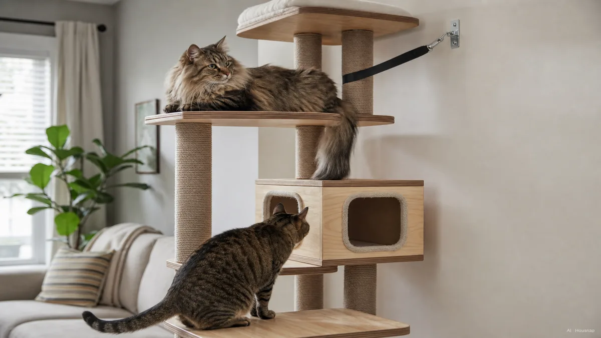 Image: a tall cat tree anchored to a wall with a visible strap bracket, a large long-haired cat resting on a wide platform, and in a multi-cat household a second cat approaching an enclosed condo box with two openings, soft indoor lighting, no visible brand logos — AI illustration