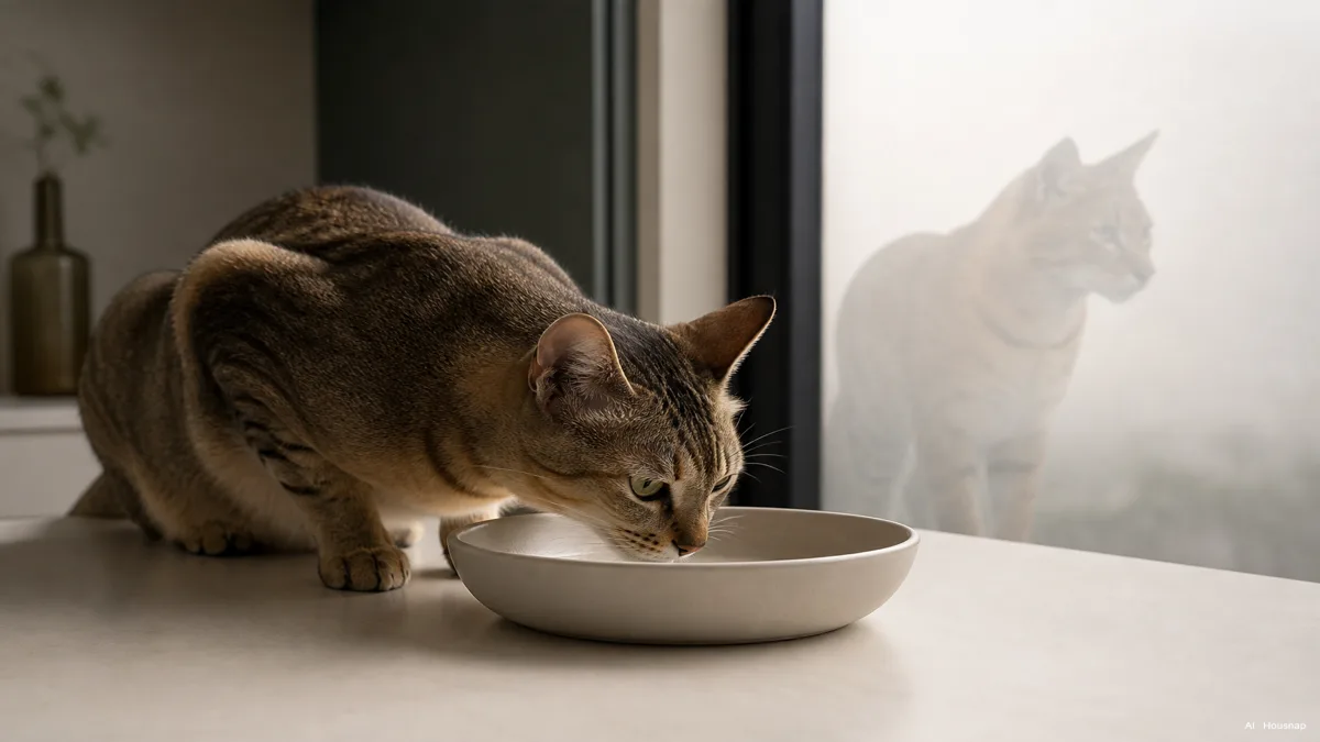 Image: 広く浅いボウルに身をかがめるしなやかな飼い猫、その後ろに砂漠のヤマネコの淡いシルエット、やわらかな朝のキッチンの光、いまの猫と喉の渇きが低い砂漠の祖先を静かに結ぶ視覚 — AIイラスト