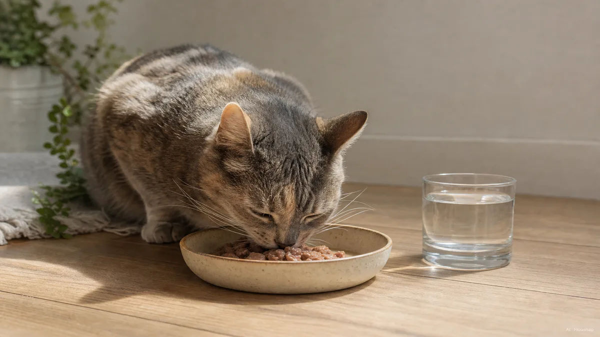Image: 浅い皿からやわらかいウェットフードをはっきりした興味を示して食べる猫、ボウルの横には手をつけていない水が一杯、食欲とケアを思わせる温かくやさしい照明 — AIイラスト