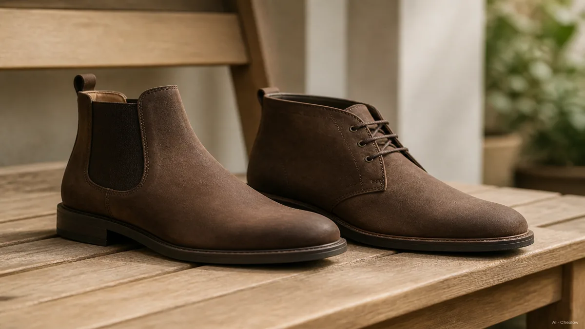 Image: a Chelsea boot and a chukka boot standing side by side on a wooden bench, one showing its elastic ankle gusset, the other showing its laced eyelets, soft natural light, no visible brand marks