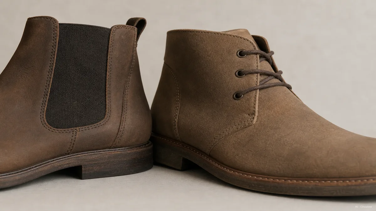Image: a close crop on two boot ankles side by side, one showing the smooth elastic side panel of a Chelsea boot, the other showing laced eyelets pulled snug on a chukka boot, studio lighting on a neutral background