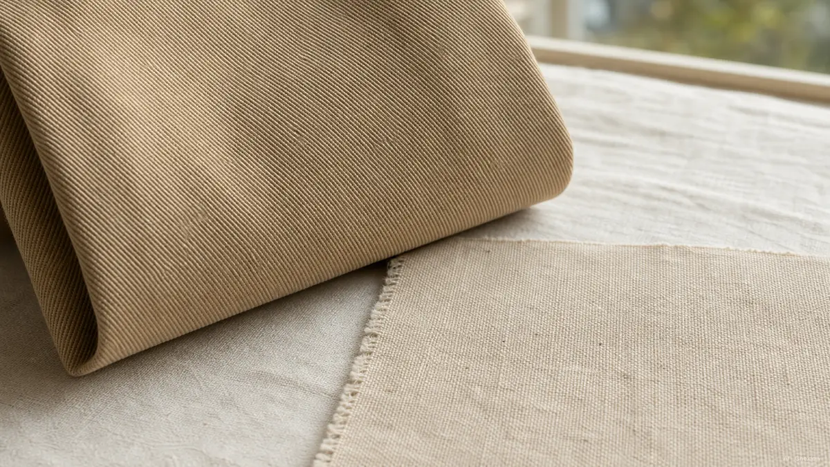 A close-up of beige chino fabric tilted to the light so the fine diagonal twill ribs are visible, next to a flatter plain-weave cotton for contrast, no labels in frame (AI generated illustration)