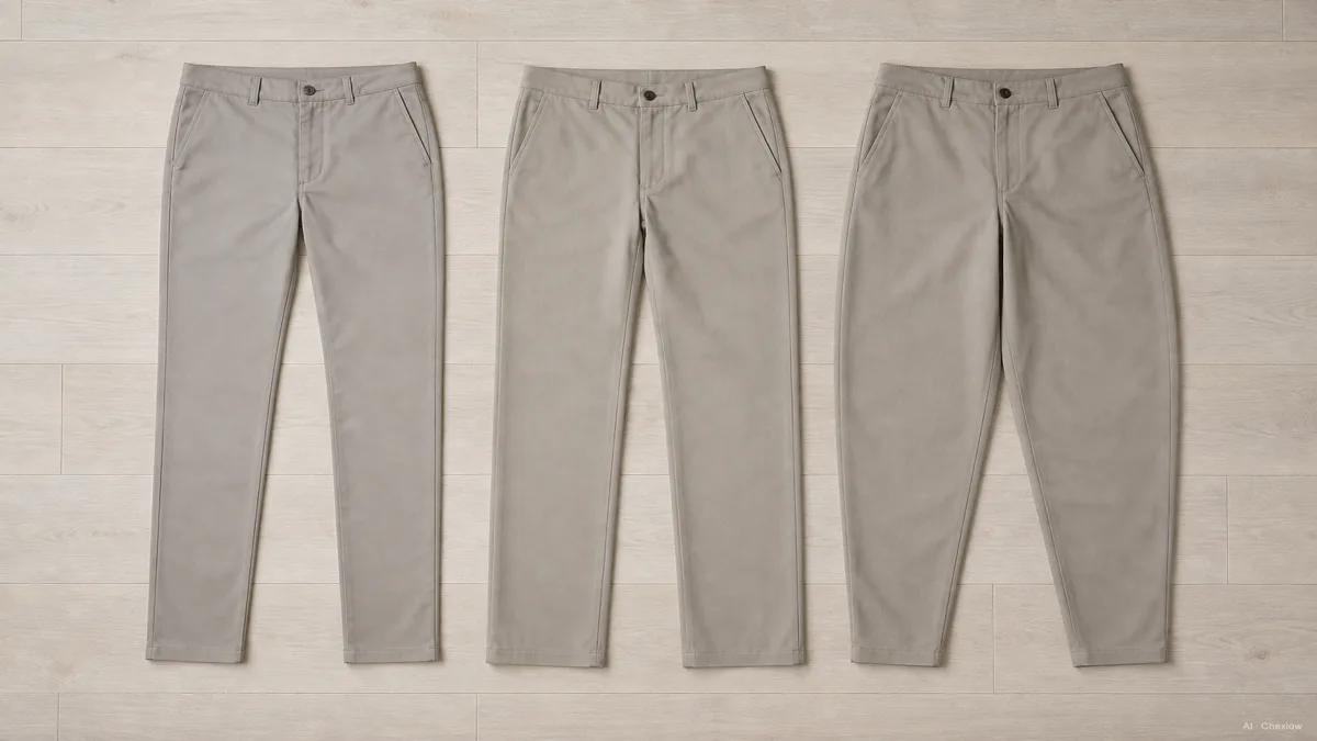 Three pairs of stone chinos laid flat side by side showing a slim, a straight, and a tapered leg shape, narrow to roomy, on a pale floor with no visible branding (AI generated illustration)