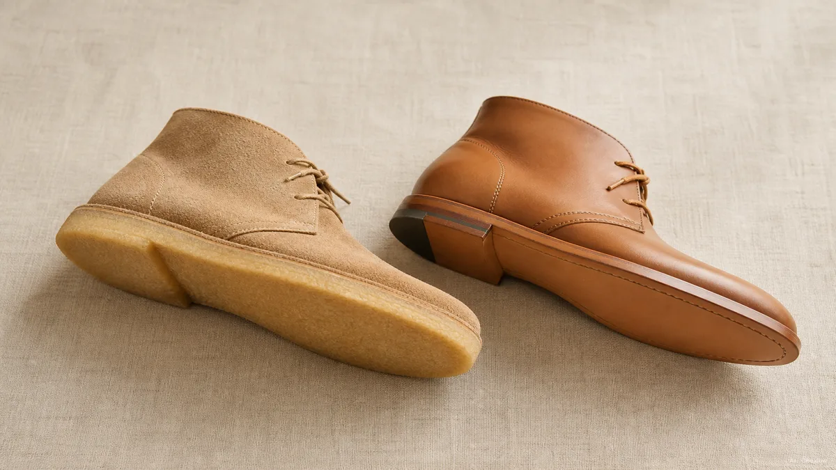 Image: a single suede desert boot beside a structured leather chukka boot, soles tilted toward the viewer to show crepe vs leather, soft daylight on a plain surface
