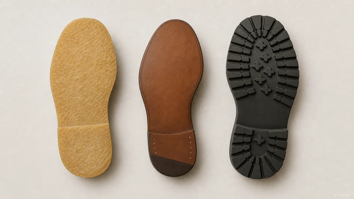 Image: three boot soles laid flat and labeled by texture only, soft crepe, smooth leather, lugged commando, top-down studio light on neutral paper