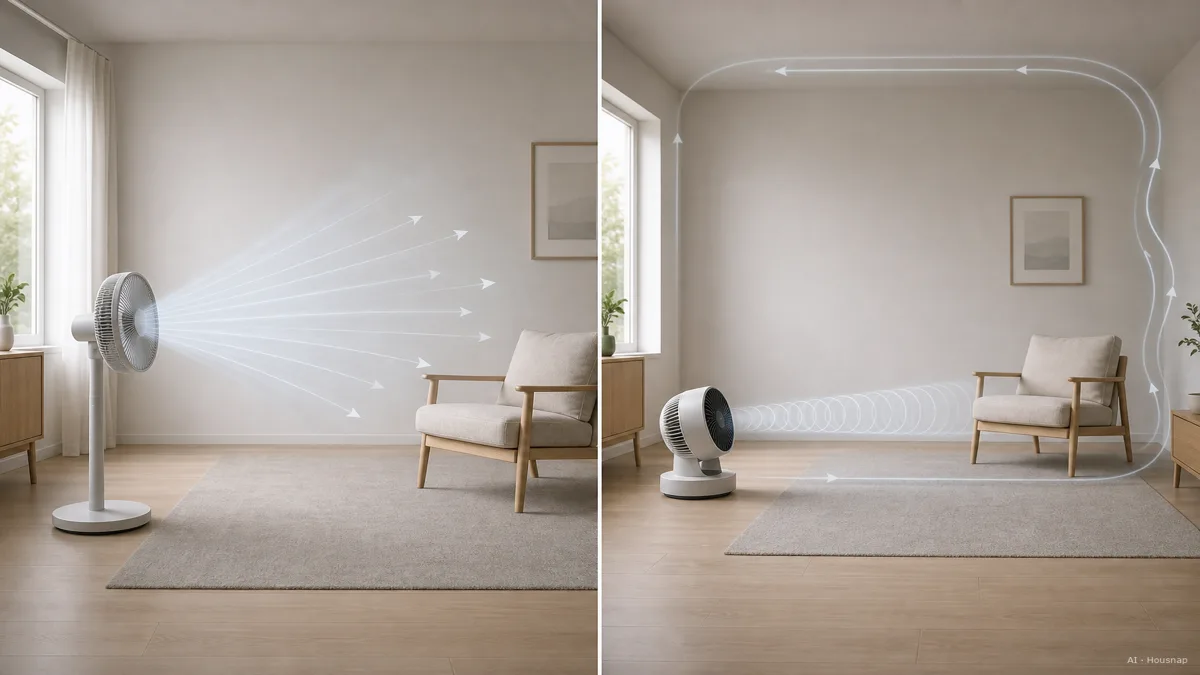 Image: A clean side-by-side diagram, one side a pedestal fan blowing a wide soft cone toward a seated person, the other side a circulator firing a tight spiral column that bounces off the far wall and ceiling and loops back, calm instructional tone — AI illustration
