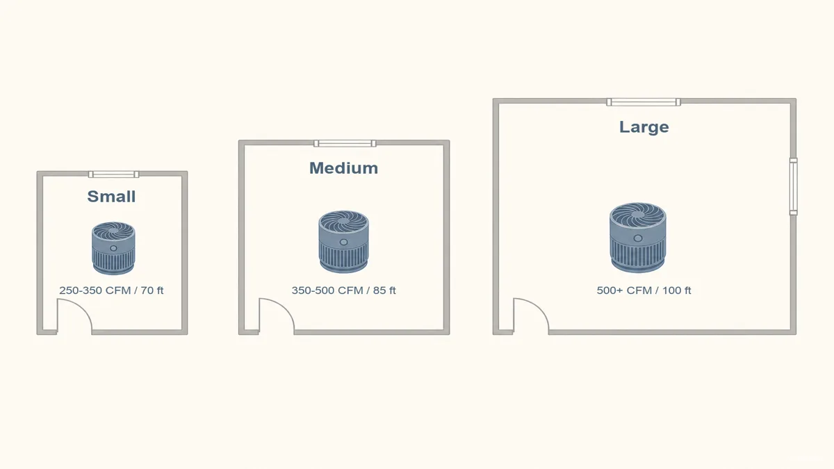 Image: A simple floor-plan style illustration of three rooms labeled small, medium, and large, each with a circulator icon and a matching CFM and throw-distance figure, friendly explanatory style — AI illustration