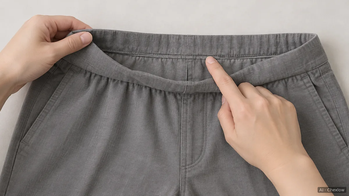 Hands turn out the waistband of grey trousers and point to its inner stitching, with the fabric resting flat.