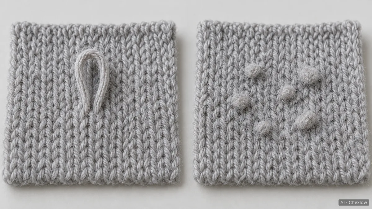 Two knit samples side by side, with a long raised yarn loop on the left and small fuzzy pills on the right
