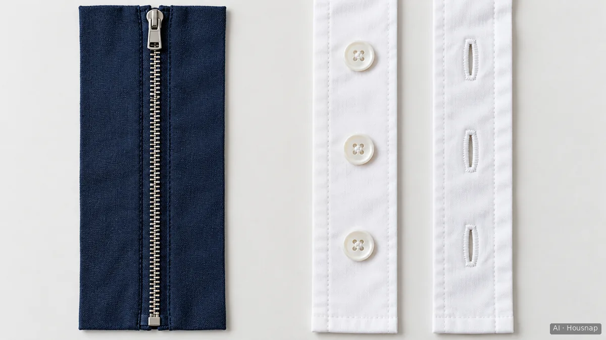 A closed navy zipper beside two white shirt-front strips with buttons and matching buttonholes left apart. — AI illustration