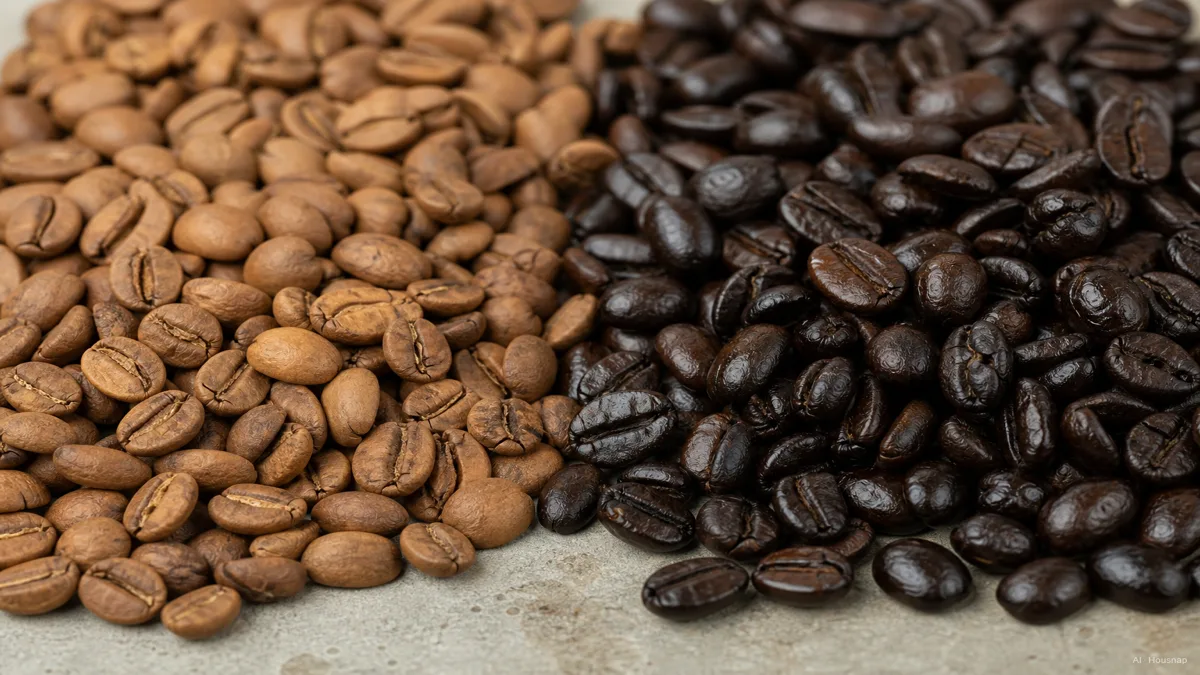 Image: side-by-side close-up of light roast and dark roast coffee beans, the light roast beans matte and light brown, the dark roast beans nearly black with a visible oily sheen — AI illustration