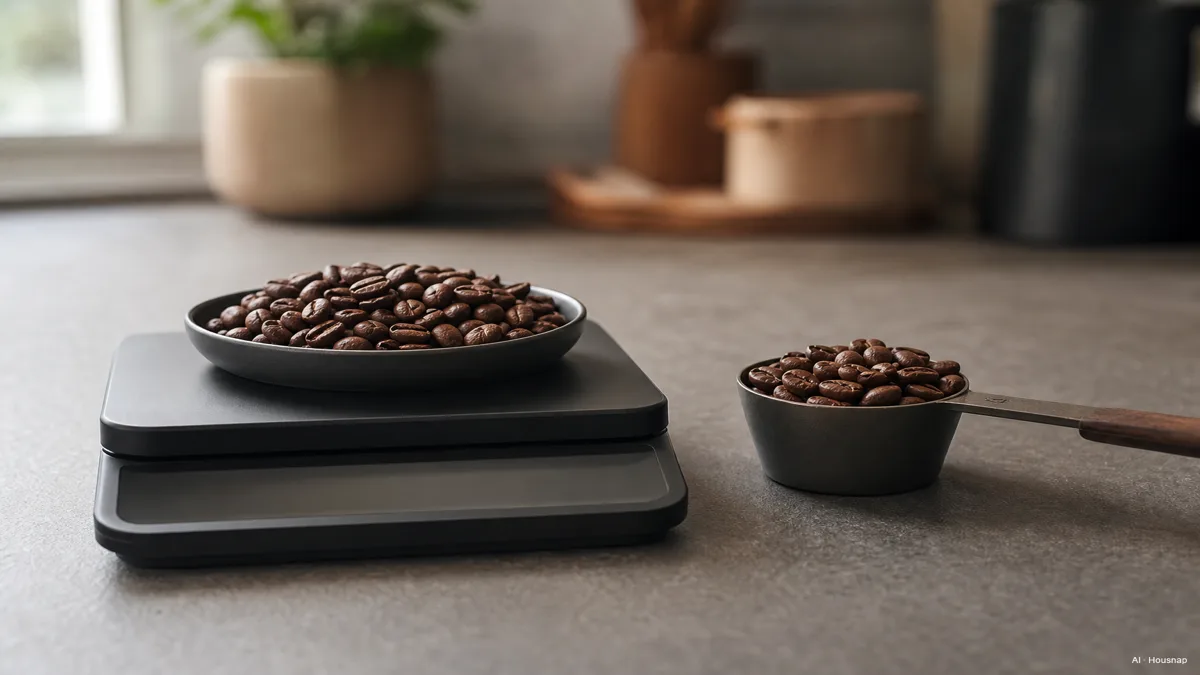 Image: a kitchen scale next to a scoop measure, both holding coffee beans, illustrating the difference between measuring coffee by weight versus by volume — AI illustration