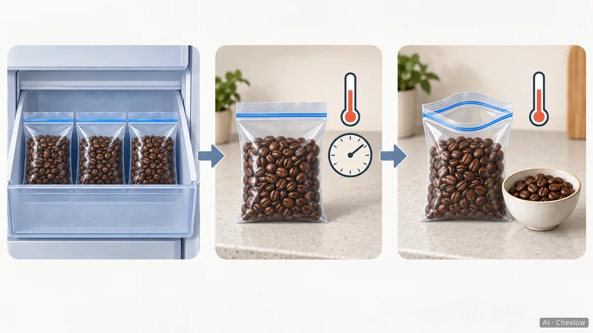 Illustrated sequence showing separate sealed coffee portions in a freezer, one unopened portion warming on a counter, and that portion opened after reaching room temperature.