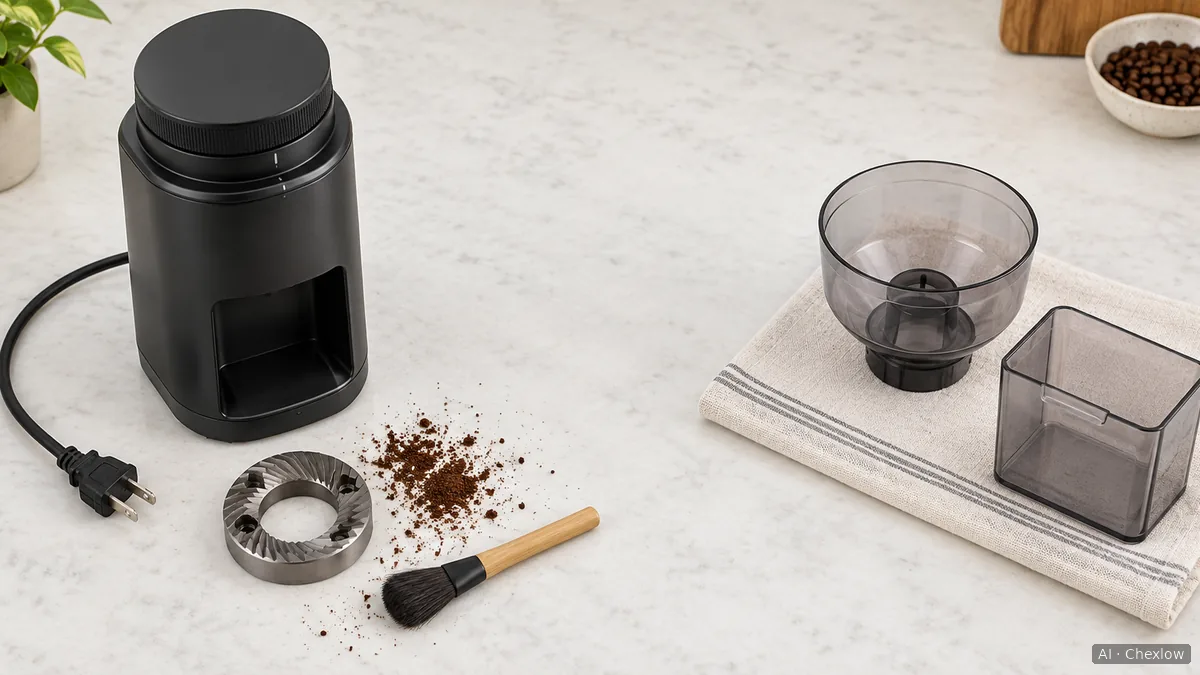An unplugged coffee grinder beside a dry burr and cleaning brush, with a detached hopper and grounds bin on a separate towel, shown as an explanatory illustration.