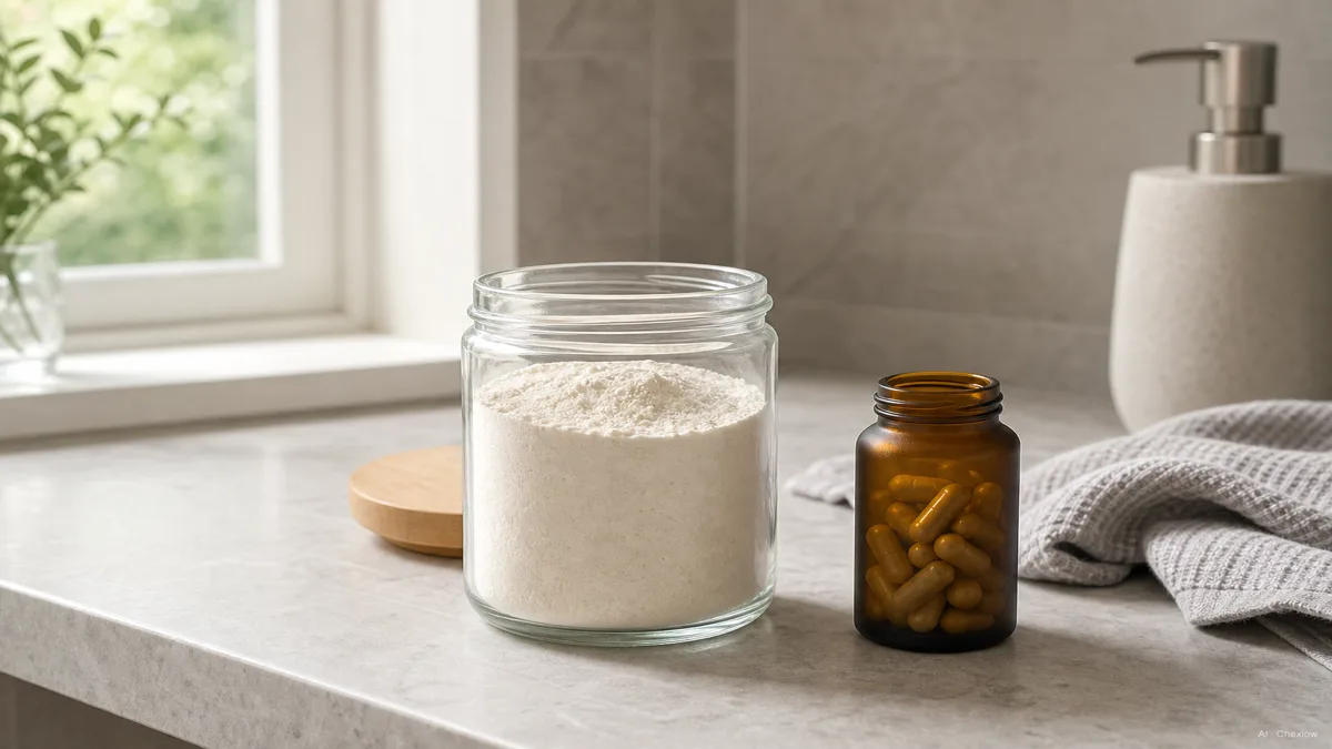 Image: A glass jar of unflavored collagen peptide powder and a small bottle of biotin capsules on a bathroom counter, morning light through a window, no visible brand marks