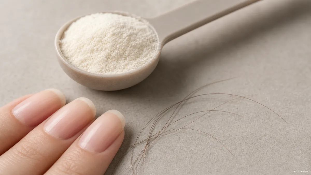 Image: Close-up of healthy fingernails and hair strands next to a small measuring spoon of collagen powder, soft neutral background, editorial product-adjacent styling, no brand marks