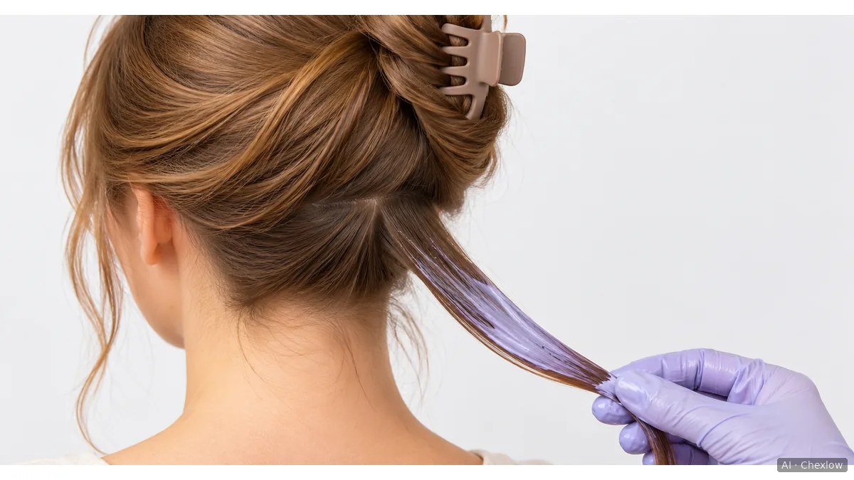 Illustration of gloved fingers holding a small lock of hair apart from the clipped-back hair, with colored cream visible on the test lock.