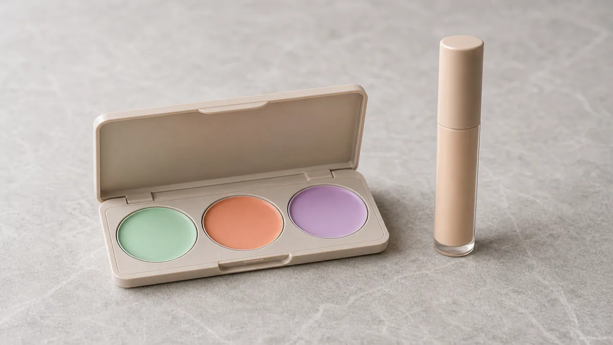 Image: A small color-corrector palette with green, peach, and lavender pots open on the left and a single skin-toned concealer tube standing on the right, set on a soft neutral surface, natural diffused light, no labels or logos