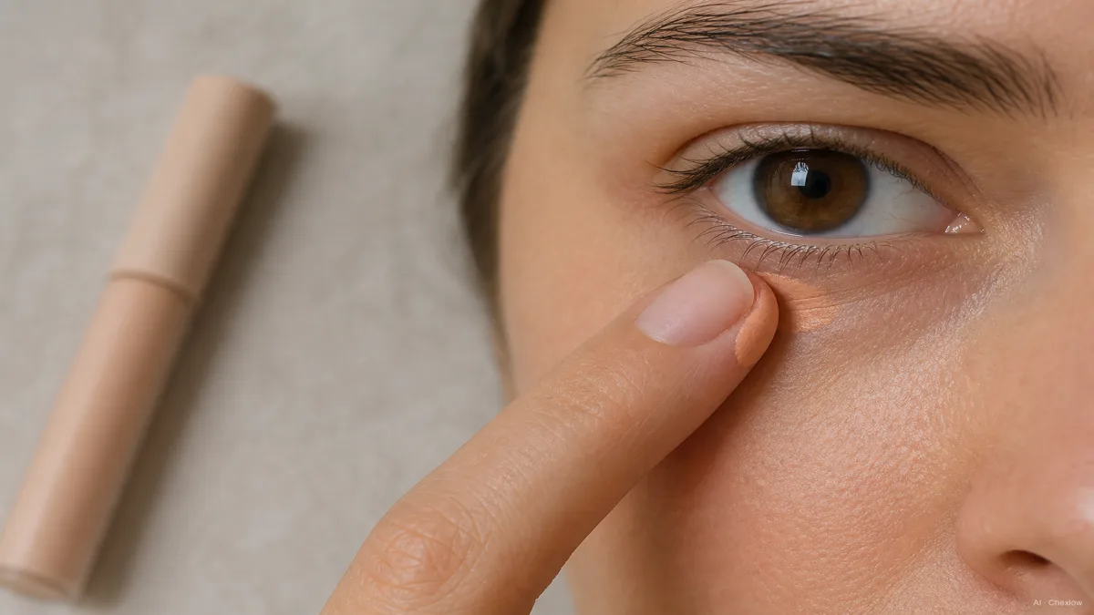 Image: A close-up of a fingertip dabbing a small amount of peach corrector under one eye, with a skin-toned concealer waiting nearby, warm soft light, no visible brand marks