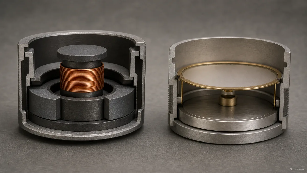 Image: side-by-side cutaway diagrams of a dynamic mic capsule with coil and magnet next to a condenser capsule with diaphragm and charged backplate โ AI illustration