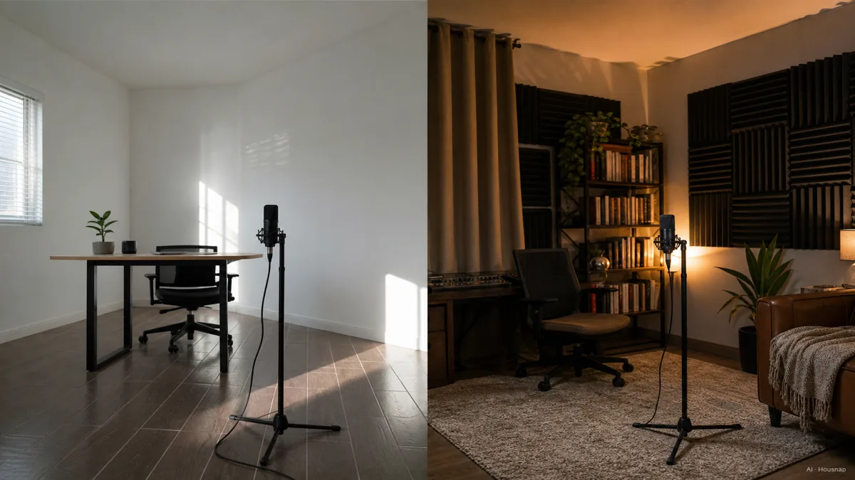 Image: a bare echoey home office on one side and a soft acoustically treated corner with panels and rug on the other, a microphone in each โ AI illustration