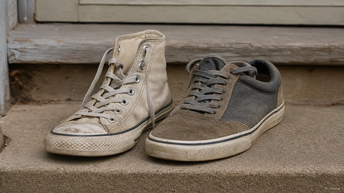 Image: 门口台阶上并排放着穿了一段时间的匡威Chuck 70和万斯Old Skool，一只帆布鞋头，另一只麂皮鞋头都能看出自然的使用痕迹，休闲的日间光线