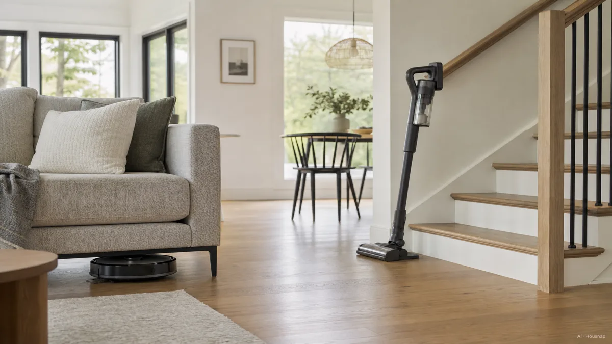 Image: A robot vacuum gliding under a sofa on one side of a living room while a cordless stick vacuum stands upright by the stairs on the other side, daylight, clean modern home — AI illustration
