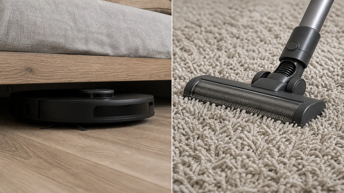 Image: Cutaway-style comparison illustration showing a robot vacuum's low profile sliding under a bed versus a stick vacuum nozzle digging into deep carpet pile, neutral instructional tone — AI illustration