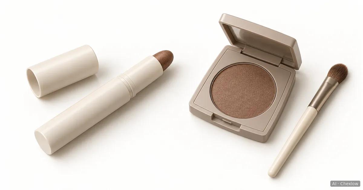 An uncapped brown eyeshadow stick beside an open single-pan powder eyeshadow compact and an eyeshadow brush.