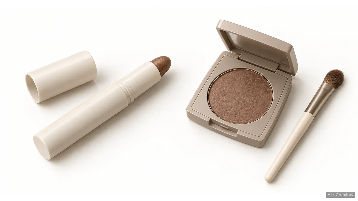 An uncapped brown eyeshadow stick beside an open single-pan powder eyeshadow compact and an eyeshadow brush.