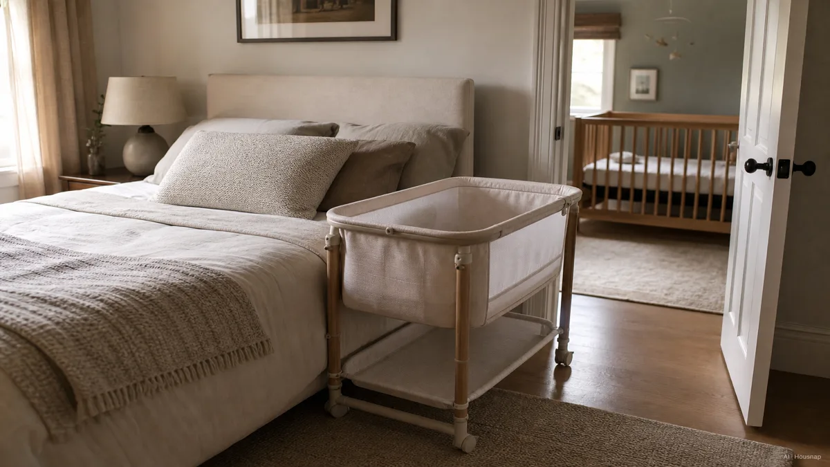 Image: a small wheeled bassinet positioned right beside a made adult bed in a softly lit primary bedroom, with a larger freestanding crib visible through an open door in a separate nursery in the background, warm natural light, no visible branding — AI illustration