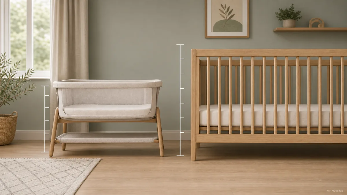 Image: a simple side-by-side diagram illustration comparing a bassinet's side-wall height to a crib's taller rail, small measurement marks on each, clean educational style, no text overlay, no visible branding — AI illustration