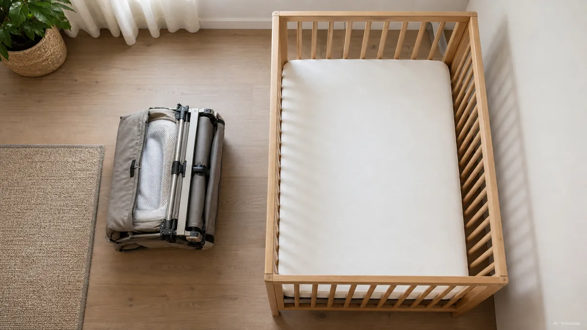 Image: a calm nursery flat-lay from directly above, a folded portable bassinet next to a fully assembled crib with a bare firm mattress and no loose bedding, soft neutral daylight, no visible branding — AI illustration
